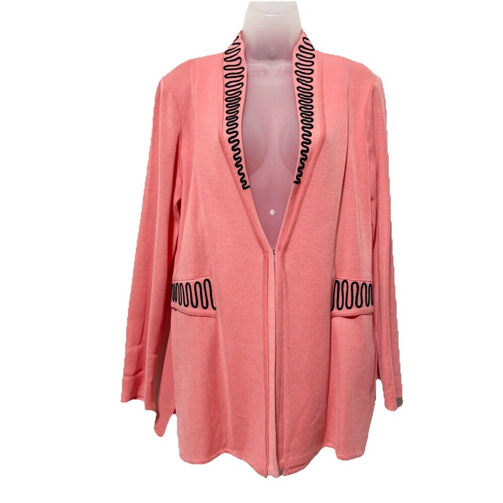 Ming Wang Jacket Size M Coral Orange Embroidered Black Trim Knit Long Sleeve